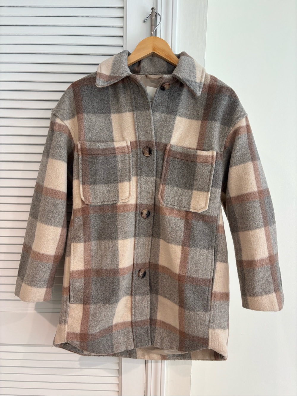 H&M Plaid Utility Shacket in Gray, Cream & Brown